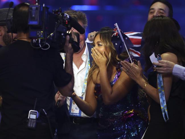 Jessica Mauboy reacts to making the final. Picture: AP