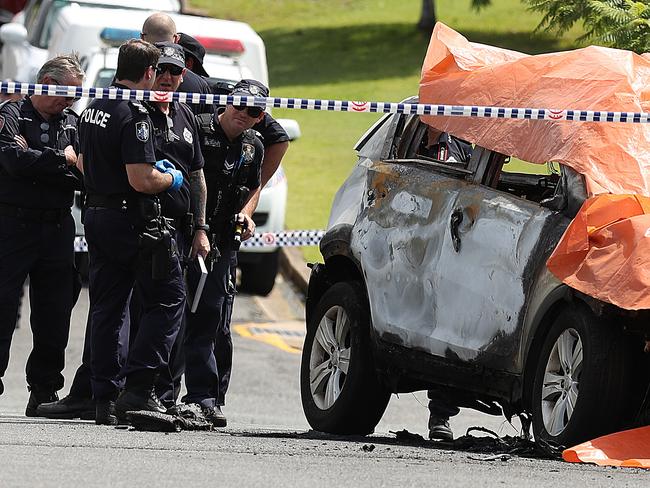 Police at the scene on Raven St in Camp Hill. Picture: Lyndon Mechielsen/The Australian