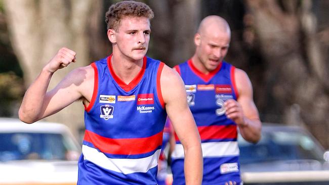 Jack Scanlon celebrates a goal for Gisborne. Picture: Aaron Cook