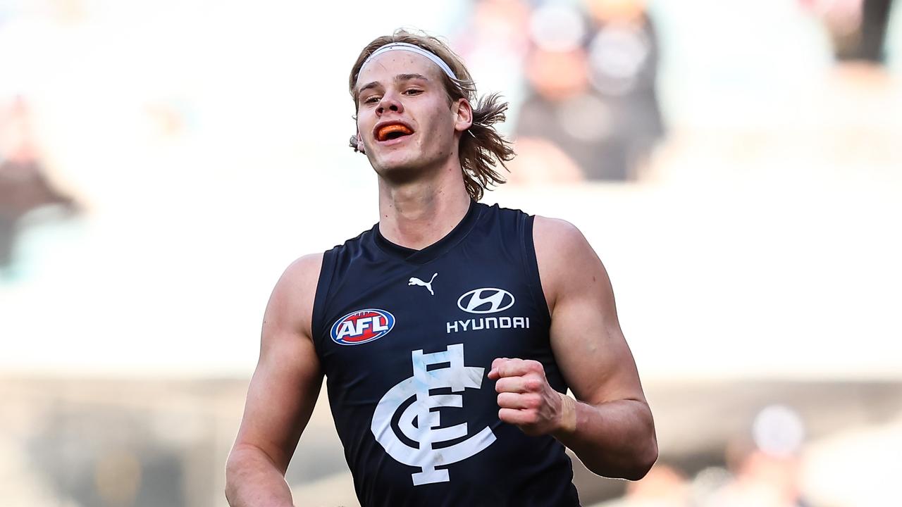 MELBOURNE, AUSTRALIA - JUNE 18: Tom De Koning of the Blues celebrates a goal during the 2023 AFL Round 14 match between the Carlton Blues and the Gold Coast Suns at the Melbourne Cricket Ground on June 18, 2023 in Melbourne, Australia. (Photo by Dylan Burns/AFL Photos via Getty Images)