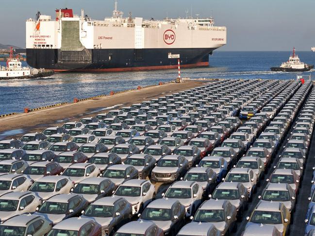 BYD electric cars waiting for export in Shandong province. Picture: AFP