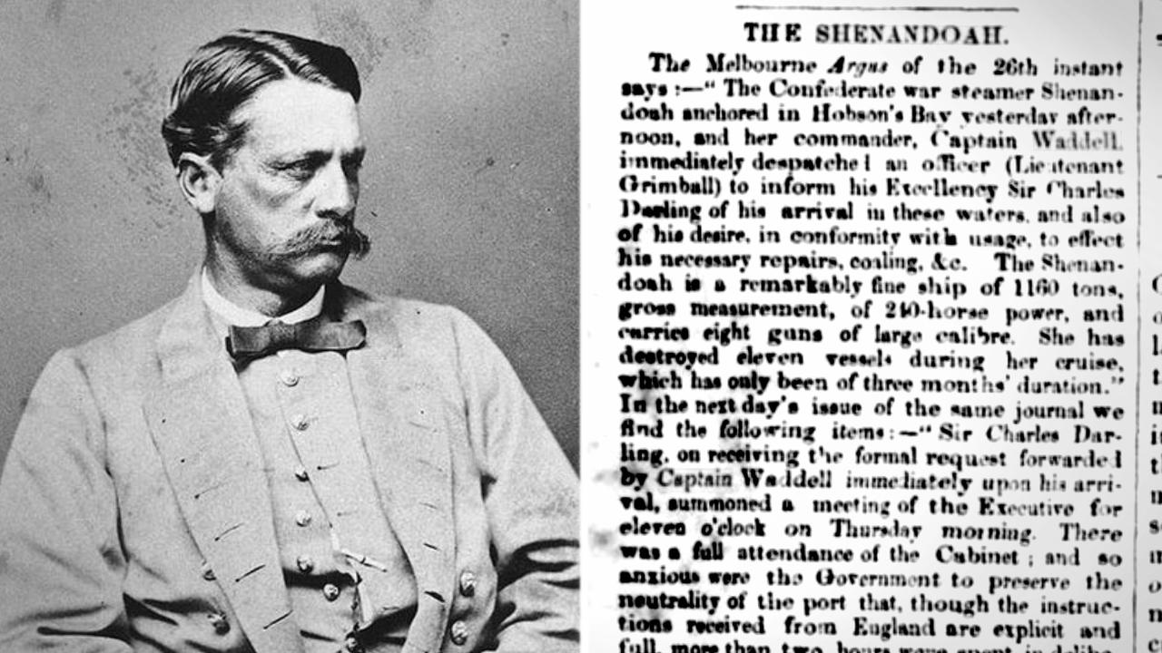 Captain James Waddell of Shenandoah, and a 1860s newspaper article about the ship’s arrival at Williamstown. Picture: Trove