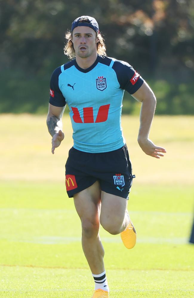 Nicho Hynes tests his injured calf at training. Picture: Rohan Kelly