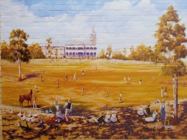 An intagram picture of street art by Sunbury artist Philip Gray at Old Bakery Laneway depicting the game of cricket at Rupertswood Mansion that resulted in the Ashes urn being presented to English captain Ivo Bligh. Picture: Instagram/basso533