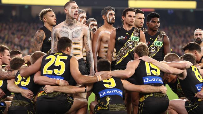 A war cry during the AFL Round 10 Dreamtime match on May 21, 2022. Picture: Michael Klein