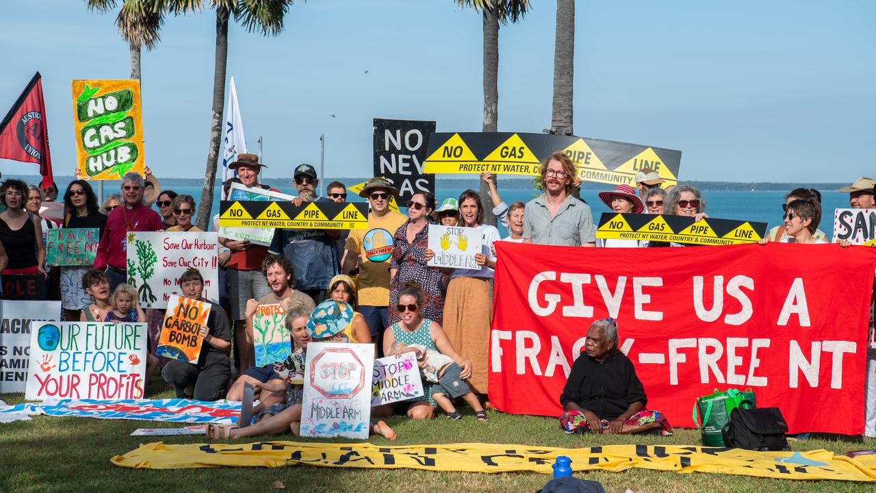 More than a hundred gathered to protest Middle Arm ahead of the second day of public hearings about the proposed development in Darwin. Picture: Pema Tamang Pakhrin