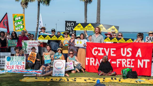 More than a hundred gathered to protest Middle Arm ahead of the second day of public hearings about the proposed development in Darwin. Picture: Pema Tamang Pakhrin