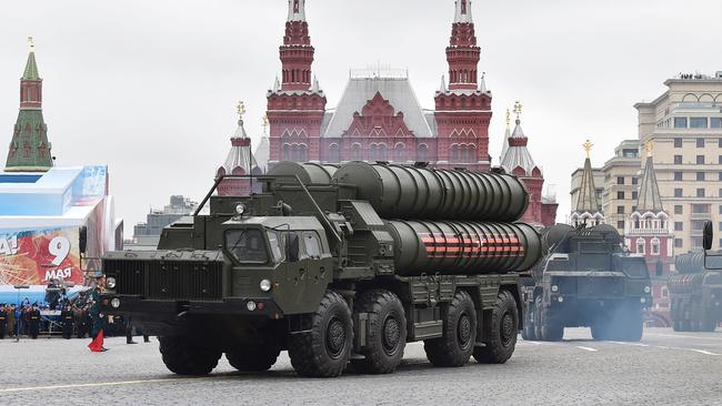 Russian S-400 Triumph medium-range and long-range surface-to-air missile systems riding through Red Square. Picture: AFP