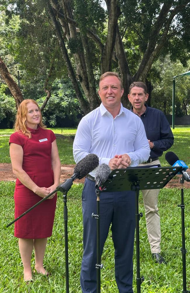 Opposition Leader Steven Miles, Deputy Opposition Leader Cameron Dick, and Labor for Fairfax Naomi McQueen. Picture: Madeline Grace.