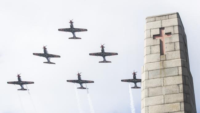 Roulettes flypast at the Hobart Cenotaph. Picture: Chris Kidd