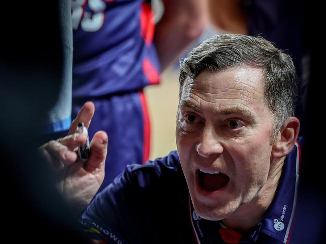 ADELAIDE, AUSTRALIA - JANUARY 13: Mike Wells, coach of the 36ers during the round 16 NBL match between Adelaide 36ers and Illawarra Hawks at Adelaide Entertainment Centre, on January 13, 2025, in Adelaide, Australia. (Photo by Sarah Reed/Getty Images)