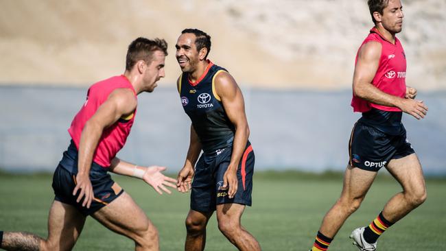 Crows specialist forward Eddie Betts, middle, and fellow AFL veteran Richard Douglas, right, will be part of a strong Adelaide line-up for the Summer Showdown with Port Adelaide at Memorial Oval at Port Pirie on Saturday. Picture: Morgan Sette