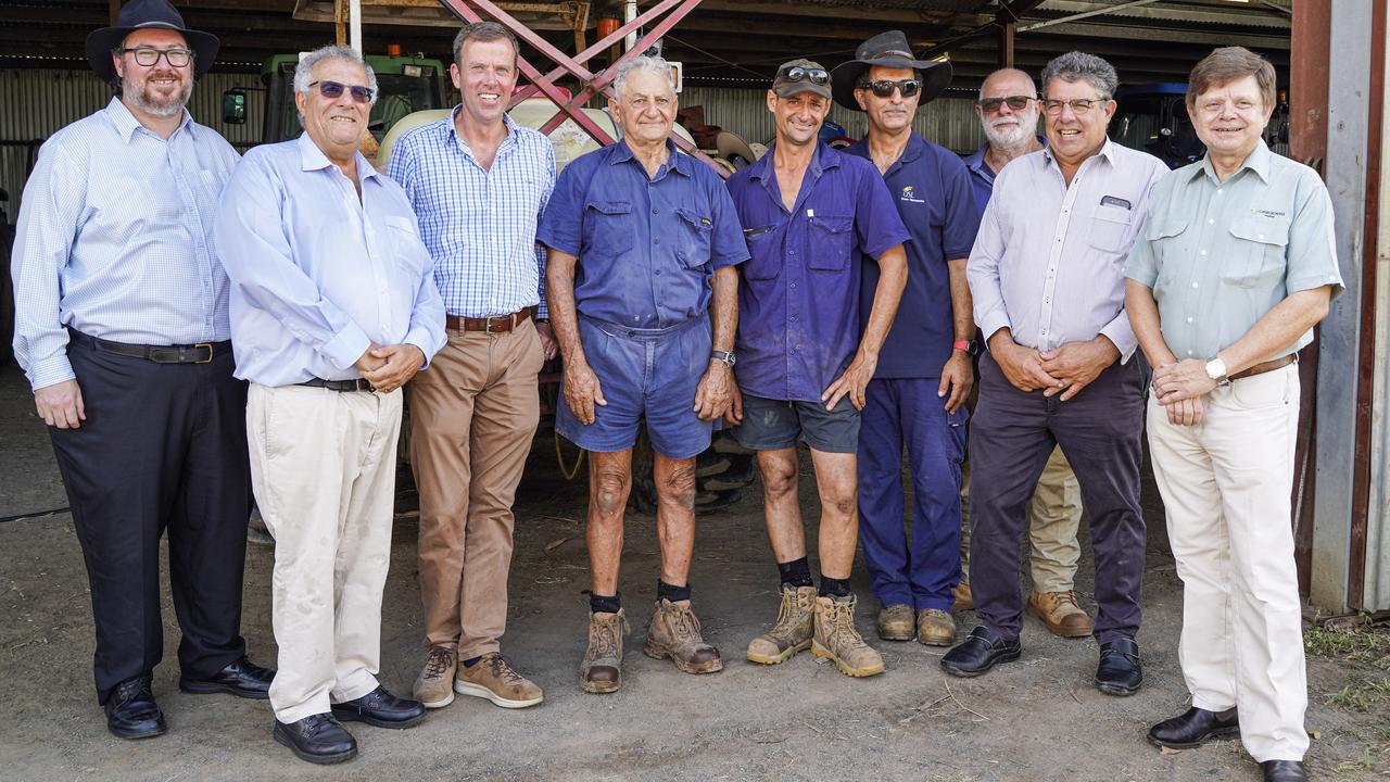 Dawson MP George Christensen, Canegrowers QLD chairman Paul Schembri, Trade Minister Dan Tehan, Erakala sugarcane farmers Victor and Andre Camilleri, Canegrowers Mackay Area Committee chairman Frank Perna, Canegrowers Plane Creek Area Committee board member Serg Berardi, Canegrowers Mackay chairman Kevin Borg and Canegrowers Mackay chief executive officer Kerry Latter at a shed talk on Tuesday. P