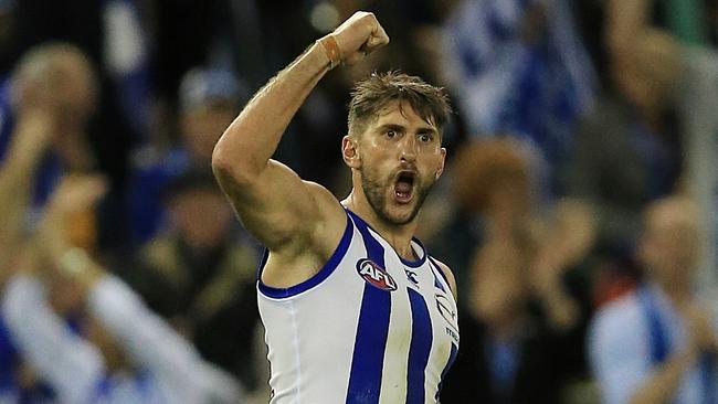 Jarrad Waite celebrates a goal against Western Bulldogs. Picture: Wayne Ludbey