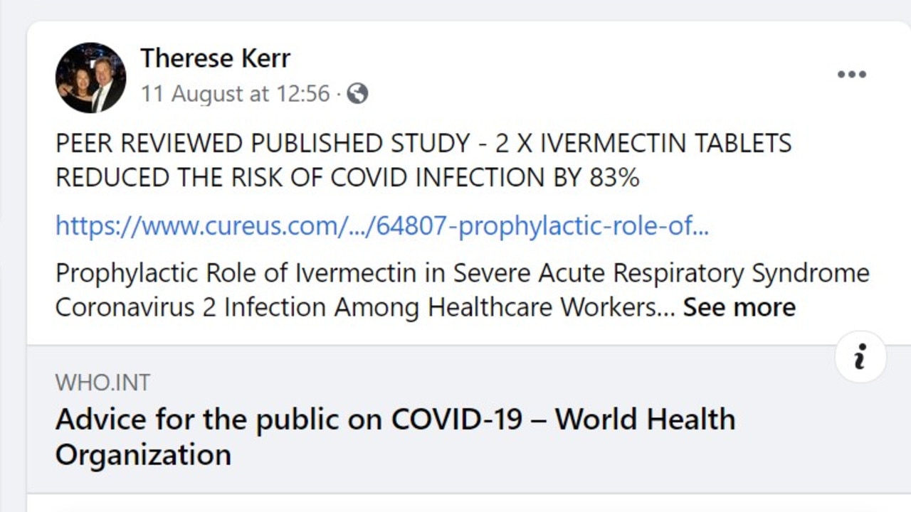 Therese’s support of Ivermectin does not have the backing of the TGA which has now banned GPs prescribing it for Covid. Picture: Facebook/Therese Kerr