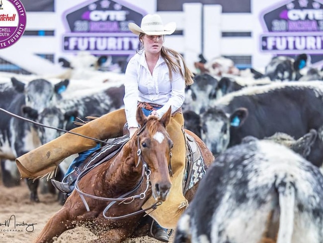 Imogen Randall riding Spin N Metallic at the 2023 NCHA Futurity. Picture: Stephen Mowbray