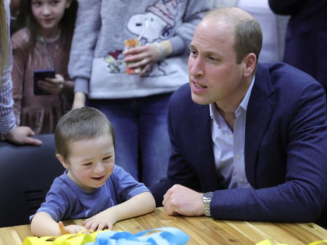 Prince William meets Ukrainian boy, four-year-old Tympthi. Picture: Getty Images