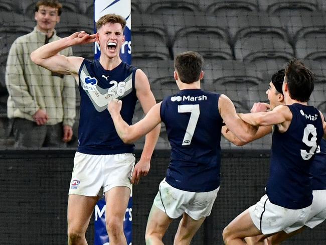 MELBOURNE, AUSTRALIA - JULY 14: Luke Trainor of Victoria Metro celebrates kicking a goal during the 2024 Marsh AFL Championships U18 Boys match between Victoria Metro and Victoria Country at Marvel Stadium on July 14, 2024 in Melbourne, Australia. (Photo by Josh Chadwick/AFL Photos)