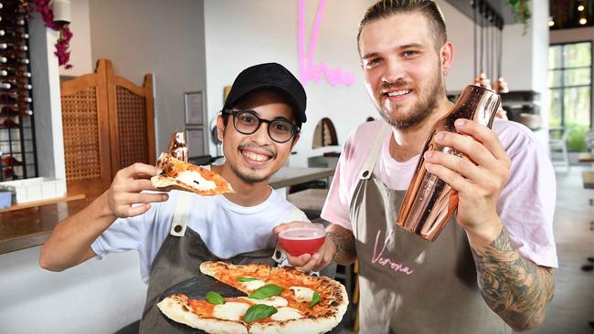 Verona Pizza and Wine Bar opened at Stockland Birtinya in September. Sous Chef Alnon Paggabao and manager Jack Wolf. Picture: Patrick Woods