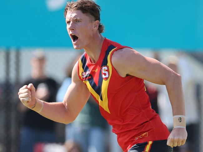 Lachlan Hosie from South Australia reacts after scoring a goal during the AAMI State game between South Australia and Victoria at Glenelg Stadium in Adelaide, Saturday, April 6, 2024. (SANFL Image/David Mariuz)