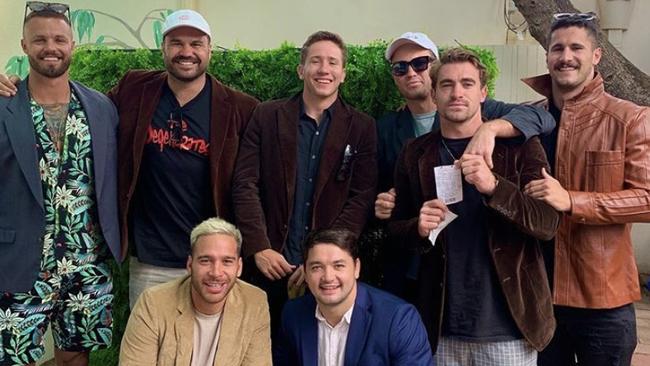 NRL players Sandor Earl, Justin Horo (second from left), Cooper Johns, Matt Moylan, Connor Watson, Jack Johns, Corey Norman and Brandon Smith holidaying in Byron Bay.