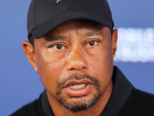 LOUISVILLE, KENTUCKY - MAY 14: Tiger Woods of the United States speaks to the media during press conference during a practice round prior to the 2024 PGA Championship at Valhalla Golf Club on May 14, 2024 in Louisville, Kentucky. (Photo by Michael Reaves/Getty Images)