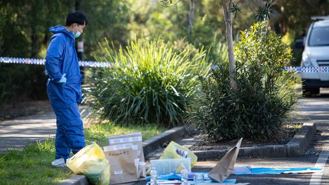 Evidence bags at the scene of a fatal stabbing last night in the Sydney suburb of Ropes Crossing. Picture: Julian Andrews.