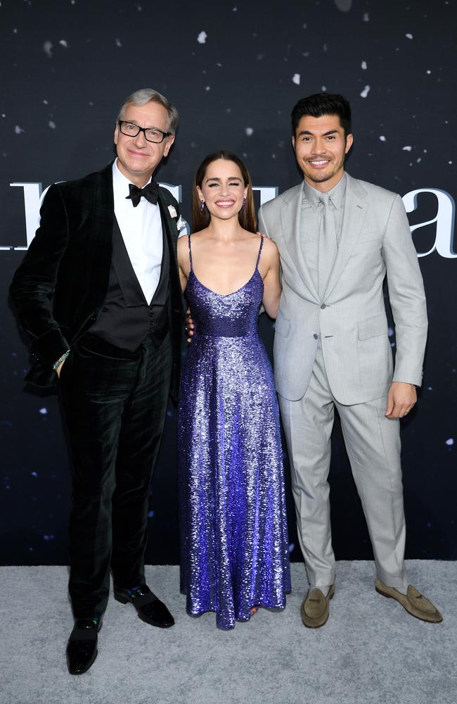 Director Paul Feig with actors Emilia Clarke and Henry Golding attend the New York premiere of Last Christmas. Picture: Dimitrios Kambouris/Getty