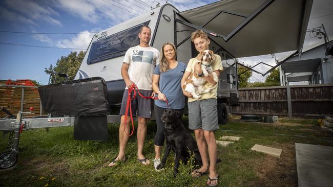 Greg Otto, wife Katie, 14-year-old Max and dogs Sherman and Alfie love caravanning together. Picture: Chris Kidd