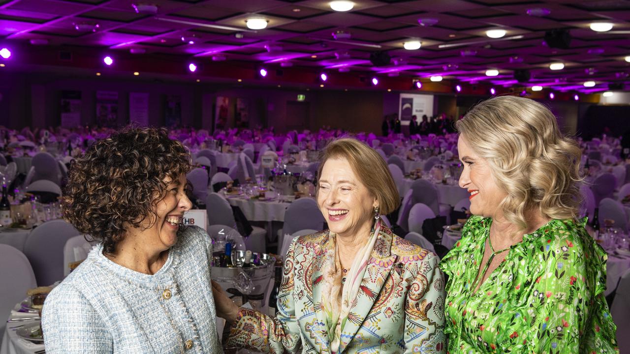 Women of Strength special guest Gai Waterhouse with Jane Barham (left) and Toowoomba Hospital Foundation CEO Alison Kennedy at Rumours International, Friday, August 19, 2022. Picture: Kevin Farmer