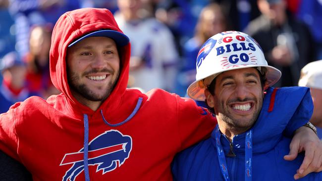 Buffalo QB Josh Allen and Daniel Ricciardo ahead of the Bills game vs Miami. (Photo by Timothy T Ludwig/Getty Images)