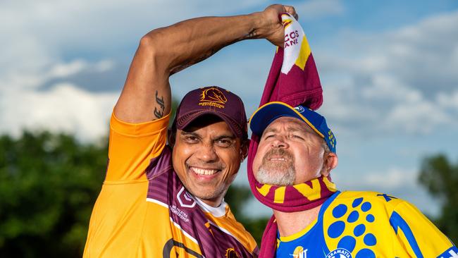 Dallas Smith barracks for the Parramatta Eels while Stephen Cardona is a mad keen Broncos fan. They're both excited to watch their teams clash in Darwin on Friday night. Photograph: Che Chorley