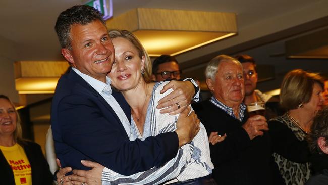 Matt Thistlethwaite embraces his wife Rachel as he declares victory in the seat of Kingsford Smith at Randwick Labor Club. Picture: John Appleyard