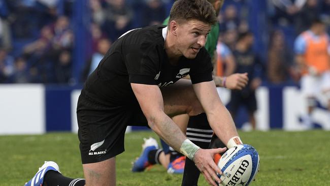 All Blacks fly half Beauden Barrett preparing to kick the ball against Argentina.