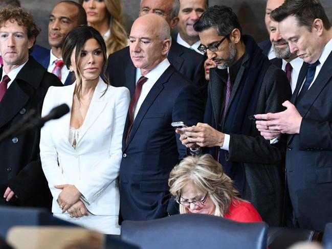 Facebook’s Mark Zuckerberg, Lauren Sanchez, Amazon founder Jeff Bezos, Google CEO Sundar Pichai and Tesla and SpaceX CEO Elon Musk at the inauguration. Picture: AFP