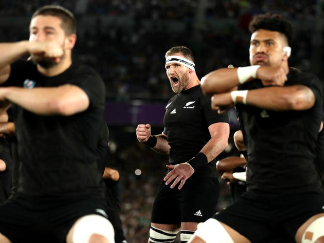 YOKOHAMA, JAPAN - SEPTEMBER 21: New Zealand players perform the Haka prior to the Rugby World Cup 2019 Group B game between New Zealand and South Africa at International Stadium Yokohama on September 21, 2019 in Yokohama, Kanagawa, Japan. (Photo by Hannah Peters/Getty Images)