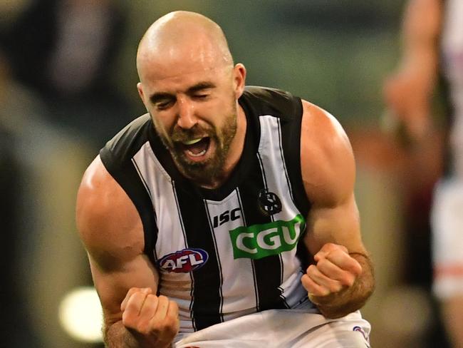 Steele Sidebottom celebrates after the final siren of the AFL's First Qualifying Final between the Geelong Cats and Collingwood.  Picture: Stephen Harman