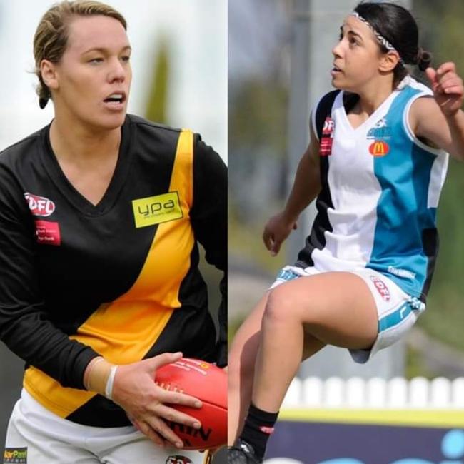 Gemma Wright (Westmeadows) and Emily Paterno (Hillside) shared the top honour in the EDFL’s Premier women’s. Pictures: Jamie Morey