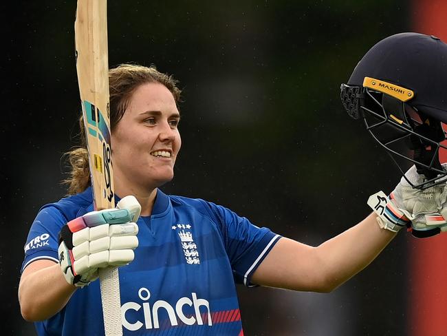 LEICESTER, ENGLAND - SEPTEMBER 14: Nat Sciver-Brunt of England celebrates reaching her century during 3rd Metro Bank One Day International between England and Sri Lanka at Uptonsteel County Ground on September 14, 2023 in Leicester, England. (Photo by Gareth Copley/Getty Images)