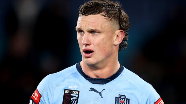 =Jack Wighton of the Blues looks on during game one of the 2022 State of Origin series between the New South Wales Blues and the Queensland Maroons at Accor Stadium on June 08, 2022, in Sydney, Australia. (Photo by Mark Kolbe/Getty Images)