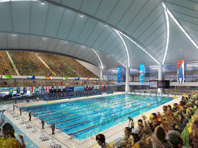 Artist impressions of the National Aquatics Centre proposed for the Brisbane 2032 Olympic Games. Credit: Archipelago Architects.