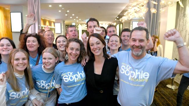 Dr Sophie Scamps celebrates her win in the seat of Mackellar with supporters at the Dee Why RSL on Saturday night. Picture: Jeremy Piper