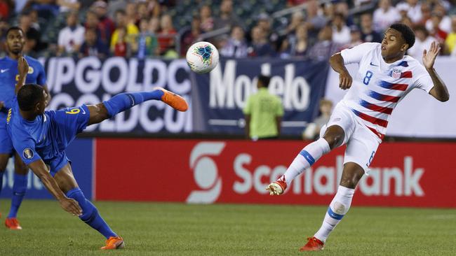 Left back Michael Maria in action for Curacao against the US in the quarter-finals of the CONCACAF Gold Cup in Philadelphia. Picture: AP Photo/Matt Slocum