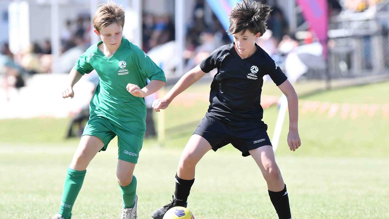 Football Queensland Community Cup carnival, Maroochydore. U13 boys, Sunshine Coast V Metro North. Picture: Patrick Woods.