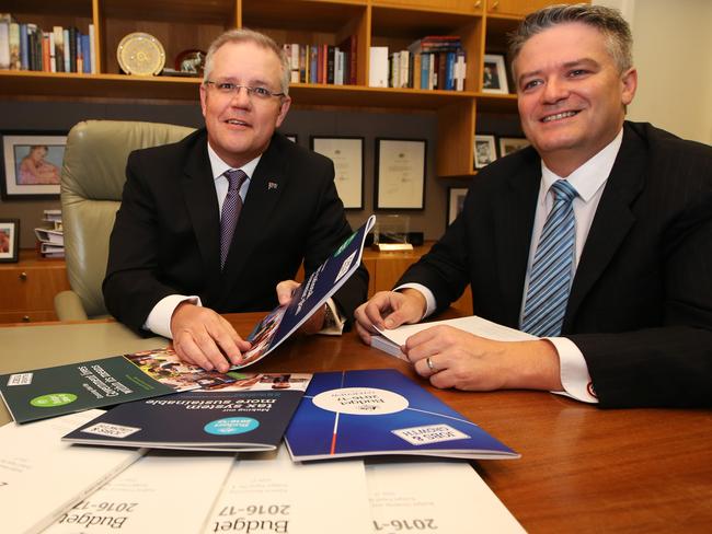 Treasurer Morrison with Finance Minister Mathias Cormann in the Treasurer's office for a pre-Budget photo opportunity. Picture Kym Smith.