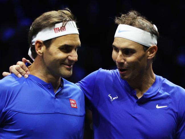 LONDON, ENGLAND - SEPTEMBER 23: Roger Federer and Rafael Nadal of Team Europe interact during the doubles match between Jack Sock and Frances Tiafoe of Team World and Roger Federer and Rafael Nadal of Team Europe during Day One of the Laver Cup at The O2 Arena on September 23, 2022 in London, England. (Photo by Clive Brunskill/Getty Images for Laver Cup)