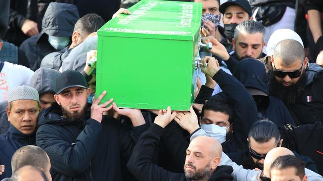 Mourners at the funeral of Bilal Hamze, who was shot dead in the middle of Sydney's CBD in June. Picture: NCA NewsWire