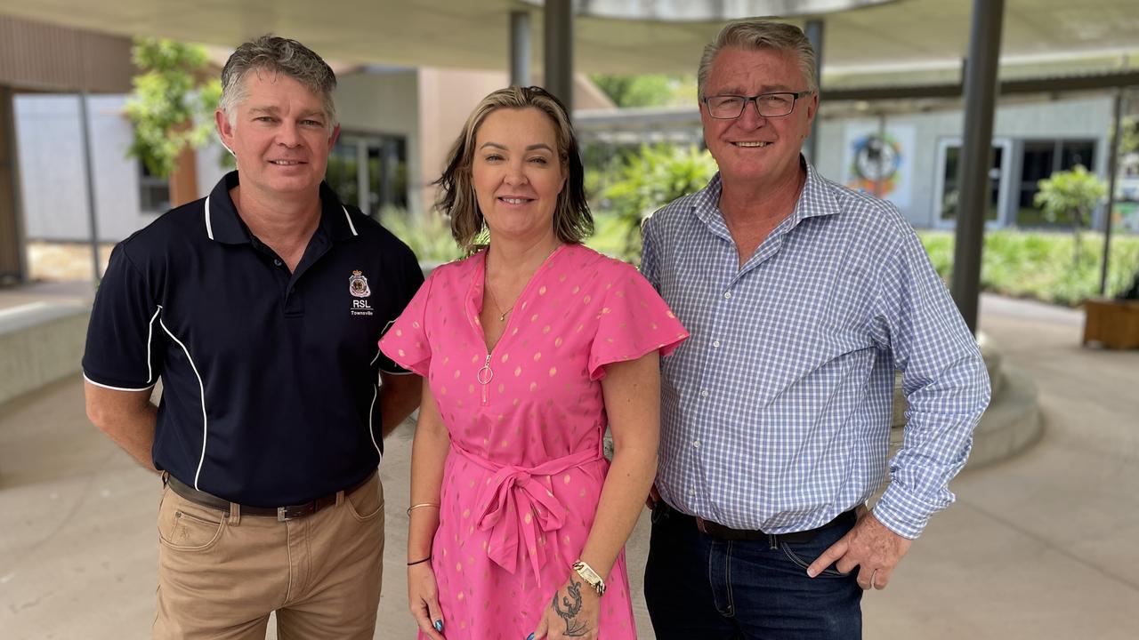 RSL Townsville vice-president Col Mosch, The Oasis Townsville executive leader Angie Barsby and Labor incumbent MP Les Walker discuss an election promise to spend $500,000 on a war memorial in Oonoonba.