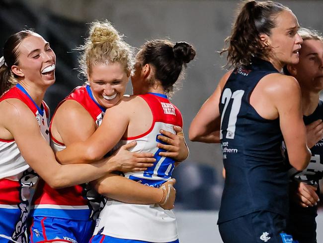 MELBOURNE, AUSTRALIA - OCTOBER 17: Analea McKee of the Bulldogs celebrates a goal during the 2024 AFLW Round 08 match between the Carlton Blues and the Western Bulldogs at Ikon Park on October 17, 2024 in Melbourne, Australia. (Photo by Dylan Burns/AFL Photos via Getty Images)