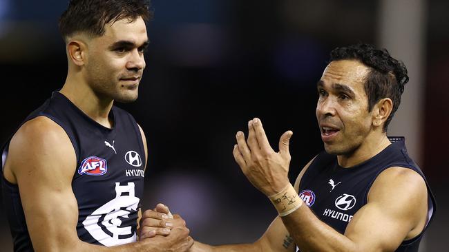 Eddie Betts and Jack Martin after their win against Adelaide. Picture: Michael Klein